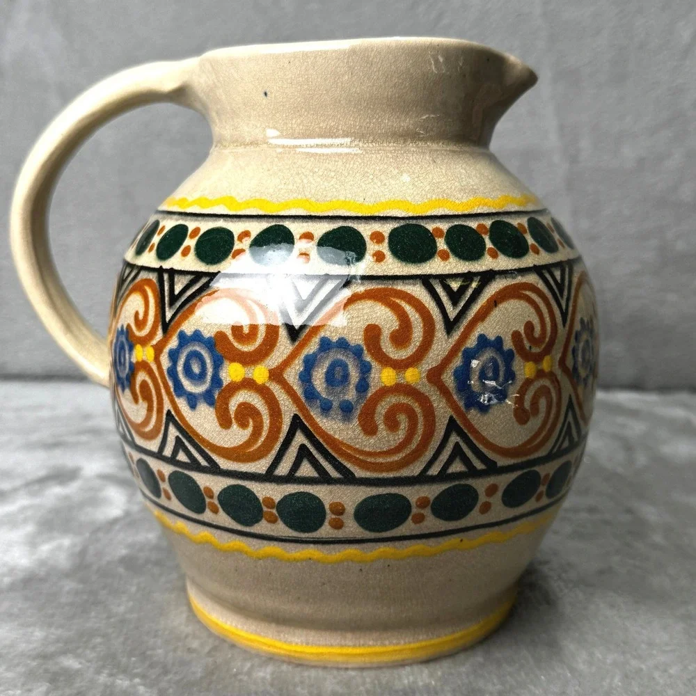 Vintage Mexican Folk Art Pottery Pitcher Tonala Style Hand Painted Ceramic Jug